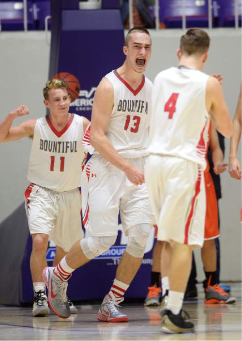 Steve Griffin  |  The Salt Lake Tribune

Bountiful's Jeffrey Pollard (13) screams with excitement after he was fouled as he made a basket during opening round of the boy's 4A basketball state tournament game against Murray at the Dee Event Center in Ogden, Tuesday, February 24, 2015.