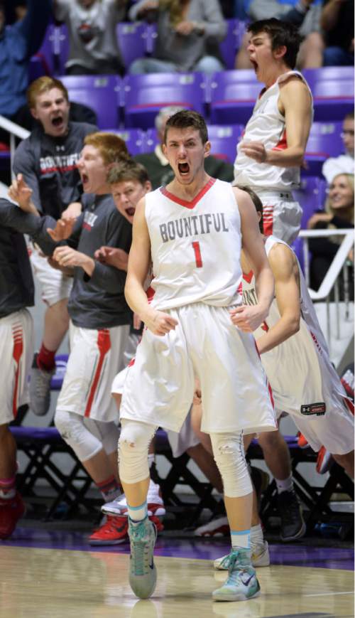 Steve Griffin  |  The Salt Lake Tribune

Bountiful's Zachary Seljaas (1) freaks out after he nailed a jumper with no time left on the clock giving the Braves a last second victory over Murray during opening round of the boy's 4A basketball state tournament at the Dee Event Center in Ogden, Tuesday, February 24, 2015.