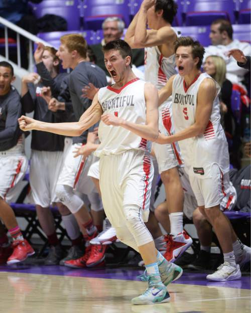 Steve Griffin  |  The Salt Lake Tribune

Bountiful's Zachary Seljaas (1) freaks out after he nailed a jumper with no time left on the clock giving the Braves a last second victory over Murray during opening round of the boy's 4A basketball state tournament at the Dee Event Center in Ogden, Tuesday, February 24, 2015.