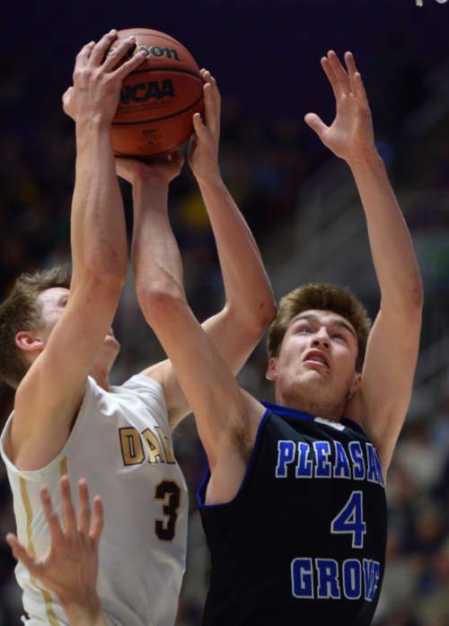 Steve Griffin  |  The Salt Lake Tribune

Davis's Landon Swartz (3) and Pleasant Grove's James Court (4) battle for a rebound during quarterfinals of the boy's 5A basketball state tournament game at the Dee Event Center in Ogden, Wednesday, February 25, 2015.