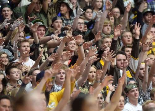 Steve Griffin  |  The Salt Lake Tribune

The Davis fans celebrate during quarterfinals of the boy's 5A basketball state tournament game against Pleasant Grove at the Dee Event Center in Ogden, Wednesday, February 25, 2015.