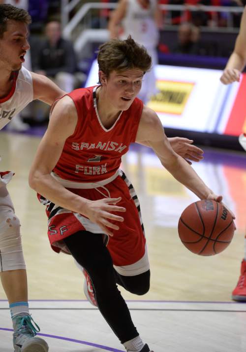 Francisco Kjolseth  |  The Salt Lake Tribune 
Spanish Fork's Taylor Anderson (2) drives the ball against Bountiful in 4A boys' hoops quarterfinal at the Dee Events Center in Ogden on Thursday, Feb. 26, 2015.