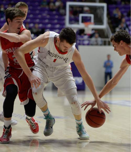 Francisco Kjolseth  |  The Salt Lake Tribune 
Bountiful's Zachary Seljaas (1) tries to regain control of the ball against Spanish Fork in 4A boys' hoops quarterfinal at the Dee Events Center in Ogden on Thursday, Feb. 26, 2015.