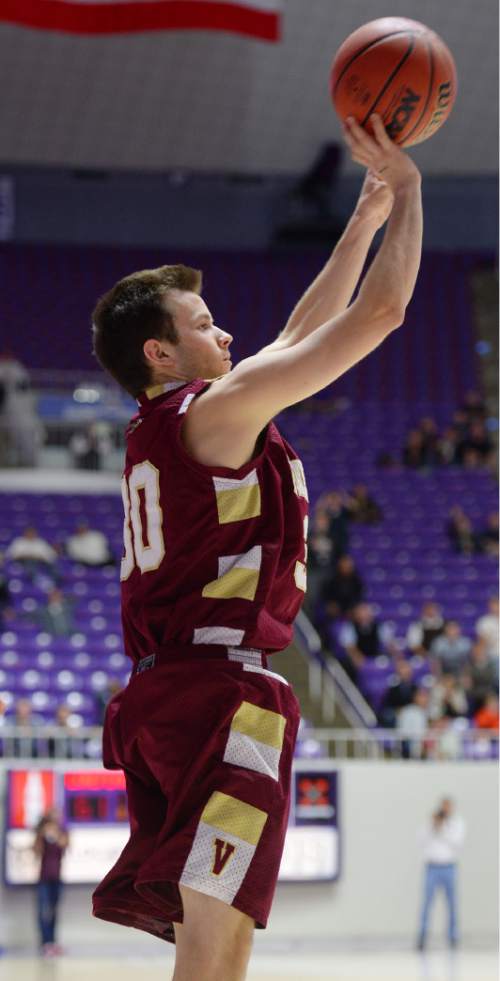 Steve Griffin  |  The Salt Lake Tribune

Viewmont's Joshua Richins (30) nails the game wining three pointer as time expires giving Viewmont a victory  over Lone Peak during quarterfinals of the boy's 5A basketball state tournament at the Dee Event Center in Ogden, Wednesday, February 25, 2015.