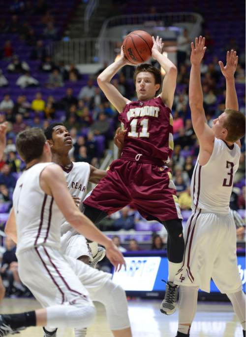 Steve Griffin  |  The Salt Lake Tribune

Viewmont's Braedon Alldredge (11) leaps into the air as he looks for help during quarterfinals of the boy's 5A basketball state tournament game against Lone Peak at the Dee Event Center in Ogden, Wednesday, February 25, 2015.