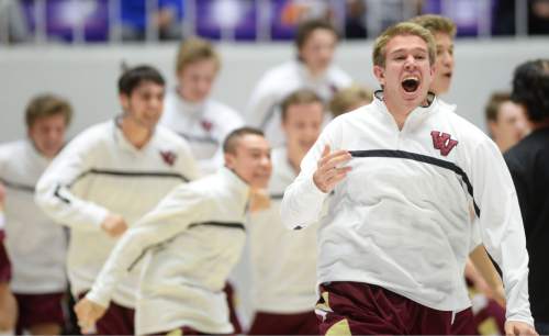 Steve Griffin  |  The Salt Lake Tribune

Viewmont players race around the court following their last second victory over Lone Peak during quarterfinals of the boy's 5A basketball state tournament at the Dee Event Center in Ogden, Wednesday, February 25, 2015.