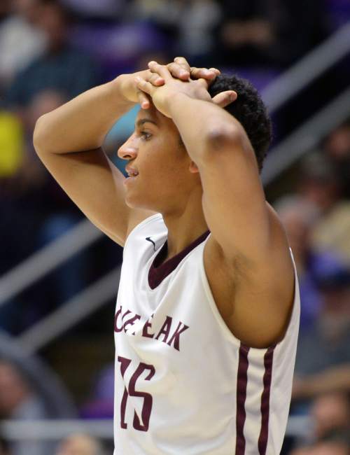 Steve Griffin  |  The Salt Lake Tribune

Lone Peak's Franklin Jackson (15) holds his head in his hands as Viewmont takes the lead late in the game during quarterfinals of the boy's 5A basketball state tournament game at the Dee Event Center in Ogden, Wednesday, February 25, 2015.