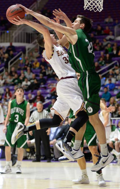 Francisco Kjolseth  |  The Salt Lake Tribune 
Maple Mountain's Bryson Anderson (32) tries to push past Olympus's Jake Lindsey (21) in 4A boys' hoops quarterfinal at the Dee Events Center in Ogden on Thursday, Feb. 26, 2015.