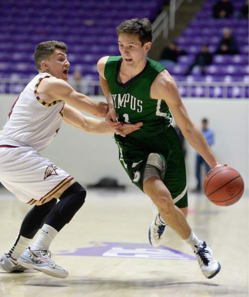 Francisco Kjolseth  |  The Salt Lake Tribune 
Olympus's Jake Lindsey (21) pushes past Maple Mountain's Jake Dixon (4) in 4A boys' hoops quarterfinal at the Dee Events Center in Ogden on Thursday, Feb. 26, 2015.