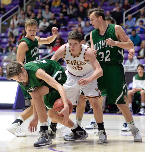 Francisco Kjolseth  |  The Salt Lake Tribune 
Maple Mountain takes on Olympus in 4A boys' hoops quarterfinal at the Dee Events Center in Ogden on Thursday, Feb. 26, 2015.