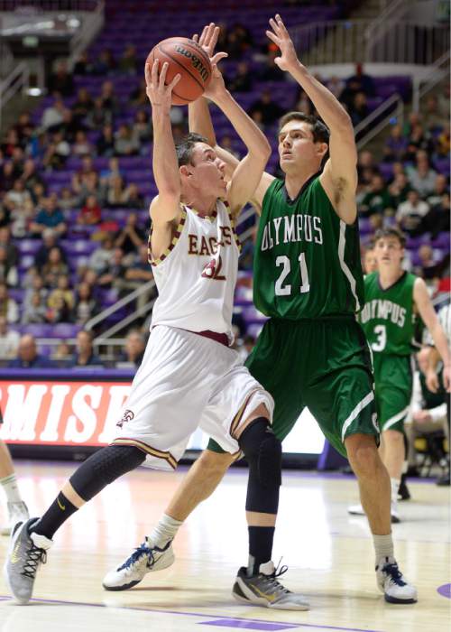 Francisco Kjolseth  |  The Salt Lake Tribune 
Maple Mountain's Bryson Anderson (32) tries to push past Olympus's Jake Lindsey (21) in 4A boys' hoops quarterfinal at the Dee Events Center in Ogden on Thursday, Feb. 26, 2015.