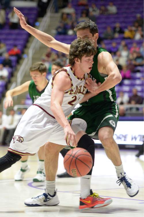 Francisco Kjolseth  |  The Salt Lake Tribune 
Maple Mountain's Kade Poulsen (23) makes a run on the basket with Olympus fighting back in 4A boys' hoops quarterfinal at the Dee Events Center in Ogden on Thursday, Feb. 26, 2015.