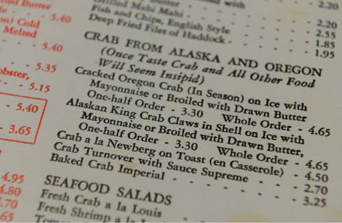 Francisco Kjolseth  |  The Salt Lake Tribune 
Alaskan King Crab went for $4.65 in the 1970s at  Bratten's Seafood Grotto.