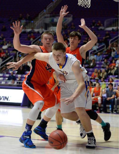 Francisco Kjolseth  |  The Salt Lake Tribune 
Orem's Richard Harward (55) tries to regain control of the ball past Timpview in 4A boys' hoops quarterfinal at the Dee Events Center in Ogden on Thursday, Feb. 26, 2015.