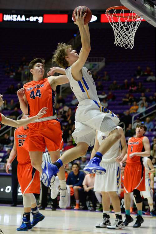 Francisco Kjolseth  |  The Salt Lake Tribune 
Orem's Jonathan Johnson goes to the basket over Timpview in 4A boys' hoops quarterfinal at the Dee Events Center in Ogden on Thursday, Feb. 26, 2015.