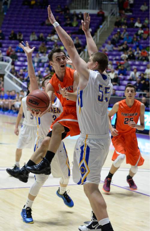 Francisco Kjolseth  |  The Salt Lake Tribune 
Timpview's Britain Covey (2) tries to push past Orem in 4A boys' hoops quarterfinal at the Dee Events Center in Ogden on Thursday, Feb. 26, 2015.