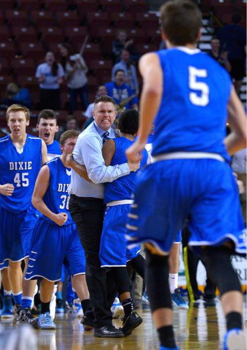 Leah Hogsten  |  The Salt Lake Tribune
Dixie's team celebrates  play from Tyler Bennett. Pine View High School boys basketball team defeated Dixie High School 46-43 to win the 3A State Championship game, Saturday, February 28, 2015 at the Maverick Center.