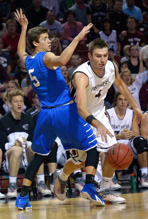 Leah Hogsten  |  The Salt Lake Tribune
Pine View's Kody Wilstead rounds Dixie's Tyler Bennett. Pine View High School boys basketball team defeated Dixie High School 46-43 to win the 3A State Championship game, Saturday, February 28, 2015 at the Maverick Center.