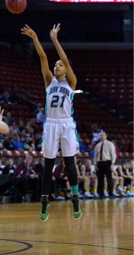 Leah Hogsten  |  The Salt Lake Tribune
Juan Diego's Monique Mills. Juan Diego High School girls basketball team defeated Morgan High School 67-47 to win the 3A State Championship game, Saturday, February 28, 2015 at the Maverick Center.