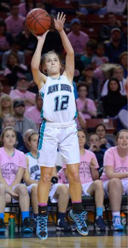 Leah Hogsten  |  The Salt Lake Tribune
Juan Diego's Becca Curran. Juan Diego High School girls basketball team defeated Morgan High School 67-47 to win the 3A State Championship game, Saturday, February 28, 2015 at the Maverick Center.
