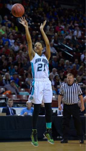 Leah Hogsten  |  The Salt Lake Tribune
Juan Diego's Monique Mills had 25 points and 12 rebounds.  Juan Diego High School girls basketball team leads Morgan High School 26-17 at the half during their 3A State Championship game, Saturday, February 28, 2015 at the Maverick Center.