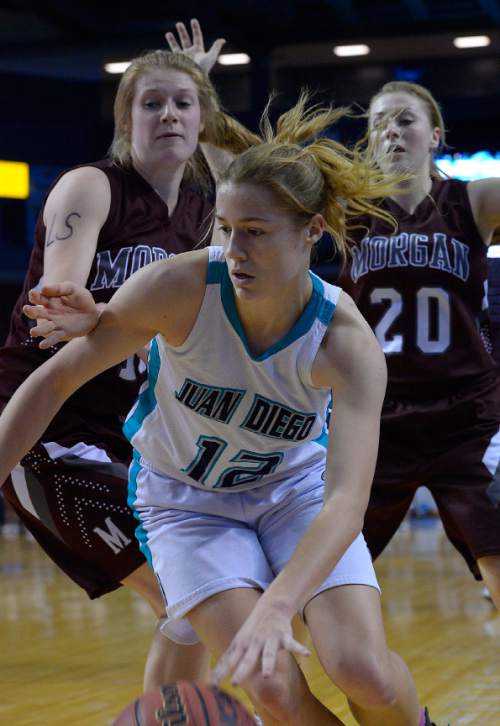 Leah Hogsten  |  The Salt Lake Tribune
Juan Diego's Becca Curran is pressured by Morgan. Juan Diego High School girls basketball team defeated Morgan High School 67-47 to win the 3A State Championship game, Saturday, February 28, 2015 at the Maverick Center.