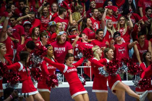 Chris Detrick  |  The Salt Lake Tribune
Bountiful fans cheer during the 4A championship game at the Dee Events Center Saturday February 28, 2015.  Bountiful is winning the game 36-16 at halftime.
