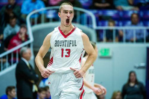 Chris Detrick  |  The Salt Lake Tribune
Bountiful's Jeffrey Pollard (13) reacts after making a three-pointer during the 4A semifinal game at the Dee Events Center Friday February 27, 2015.  Bountiful is defeating Orem 43-13 at halftime.