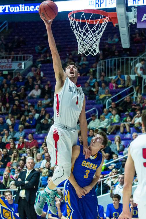 Chris Detrick  |  The Salt Lake Tribune
Bountiful's Zachary Seljaas (1) shoots past Orem's Hayden Young (3) during the 4A semifinal game at the Dee Events Center Friday February 27, 2015.  Bountiful is defeating Orem 43-13 at halftime.