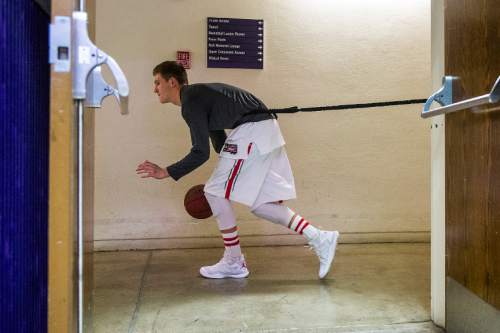 Chris Detrick  |  The Salt Lake Tribune
Bountiful's Jacob LaSalle (3) warms up before the 4A semifinal game at the Dee Events Center Friday February 27, 2015.