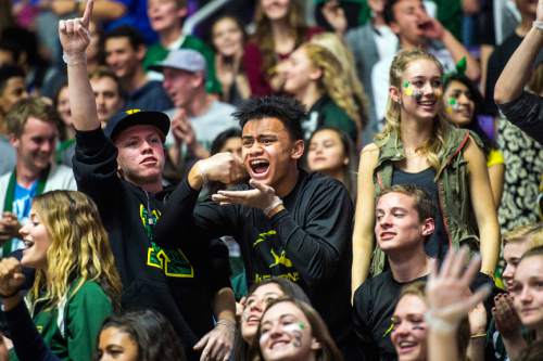 Chris Detrick  |  The Salt Lake Tribune
Kearns students cheer during the 4A semifinal game at the Dee Events Center Friday February 27, 2015.  Kearns defeated Olympus 63-52