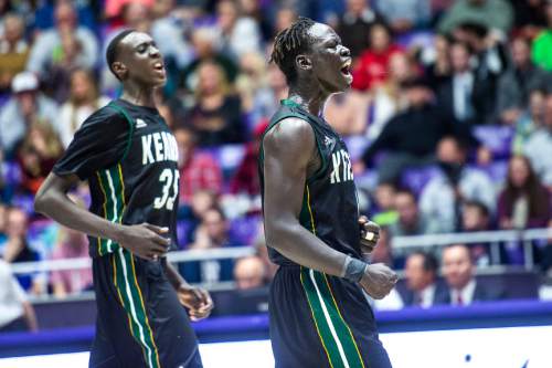Chris Detrick  |  The Salt Lake Tribune
Kearns's Bushmen Ebet (1) and Kearns's Kur Kuath (35) celebrate after winning the 4A semifinal game at the Dee Events Center Friday February 27, 2015.  Kearns defeated Olympus 63-52