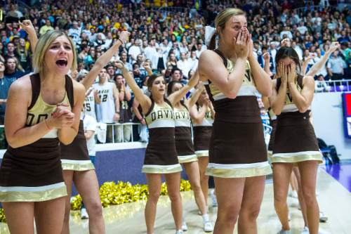 Chris Detrick  |  The Salt Lake Tribune
Davis cheerleaders watch the final seconds of the 5A semifinal game at the Dee Events Center Friday February 27, 2015.  Brighton won the game 64-62.
