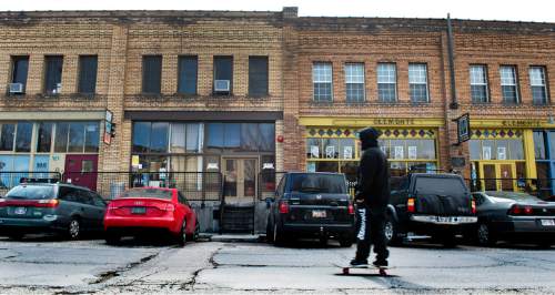 Lennie Mahler  |  The Salt Lake Tribune

A man skateboards down Pierpont Avenue between 300 and 400 West in Salt Lake City, Friday, Feb. 27, 2015. The Eccles Browning Warehouse, a long-time home to small artisan businesses, was sold in January to an out-of-state residential developer.