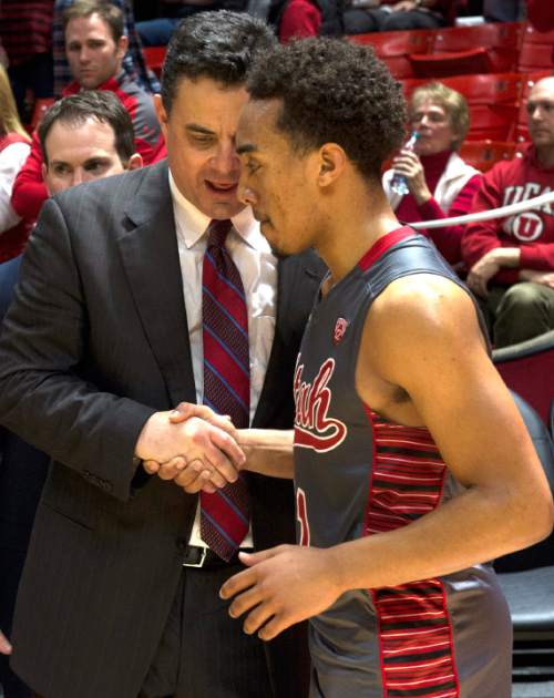 Rick Egan  |  The Salt Lake Tribune

Arizona Wildcats coach Sean Miller, shakes hands with Utah Utes guard Brandon Taylor (11), after the game, as the Utes lose to the Wildcats 63-57, in Pac-12 basketball action in the Huntsman Center, Saturday, February 28, 2015.
