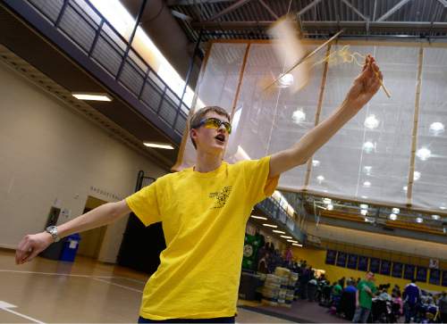 Scott Sommerdorf   |  The Salt Lake Tribune
Ben Shunn launches the aircraft that he and his team mate Levi Zubeldia competed with at the Regional Science Olympiad held at Westminster College, Saturday, February 28, 2015.  Over 500 middle and high school students competed in the 2015 Northern Regional Science Olympiad.