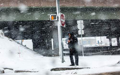 Trent Nelson  |  The Salt Lake Tribune
A panhandler out in a snowstorm in Salt Lake City, Tuesday March 3, 2015.