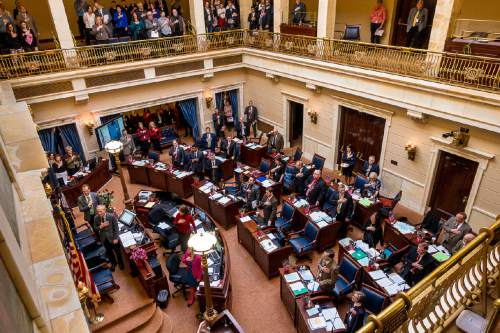Trent Nelson  |  The Salt Lake Tribune
The Senate recites the pledge of alligience during the legislative session at the State Captiol Building in Salt Lake City, Friday February 13, 2015.