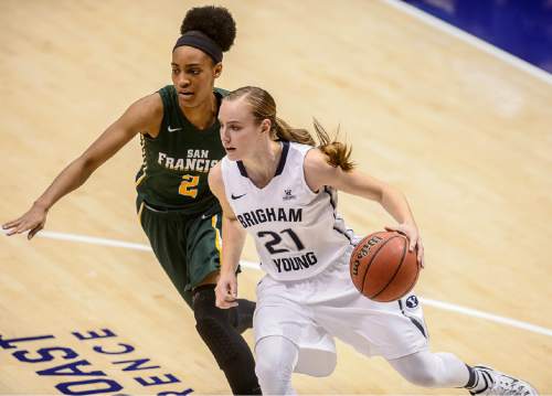 Trent Nelson  |  The Salt Lake Tribune
Brigham Young Cougars guard Lexi Eaton (21) drives with San Francisco Lady Dons guard Taj Winston (2) defending, as BYU hosts San Francisco, NCAA women's basketball at the Marriott Center in Provo, Saturday January 3, 2015.