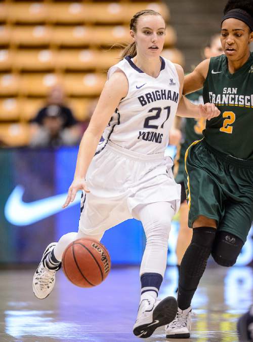 Trent Nelson  |  The Salt Lake Tribune
Brigham Young Cougars guard Lexi Eaton (21) defended by San Francisco Lady Dons guard Taj Winston (2), as BYU hosts San Francisco, NCAA women's basketball at the Marriott Center in Provo, Saturday January 3, 2015.