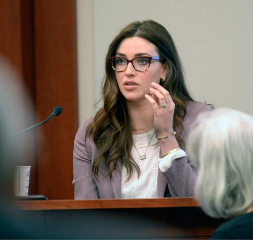 Al Hartmann  |  The Salt Lake Tribune
Optician Melina Burdette, testifies at the Johnny Brickman Wall in Third District Court in Salt Lake City Wednesday March 4.  Wall, a former Utah pediatrician, is accused of killing his ex-wife, Uta von Schwedler at her Sugar House home in 2011.  Burdette fixed Wall's bent glasses and noticed Wall's damaged eye when he came into the optometrist shop.