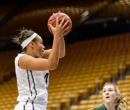 Trent Nelson  |  The Salt Lake Tribune
Brigham Young Cougars forward Morgan Bailey (41) pulls down a rebound as BYU hosts San Francisco, NCAA women's basketball at the Marriott Center in Provo, Saturday January 3, 2015. San Francisco Lady Dons forward Taylor Proctor (32) at right.