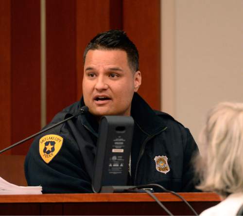 Al Hartmann  |  The Salt Lake Tribune
Salt Lake Police Officer Tracy Ita, one of the first law enforcement officers to interview Johnny Brickman Wall, answers prosecutor questions in 3rd District Court Monday March 2, 2015, in Salt Lake City. Wall is accused of killing his former wife, researcher Uta von Schwedler in her Sugar House home in September 2011.