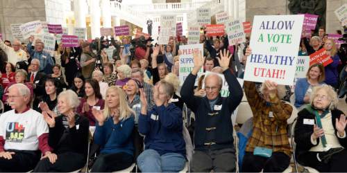 Al Hartmann  |  The Salt Lake Tribune 
The Utah Health Policy Project, hundreds of citizens and advocates of the governor's plan to expand Medicaid, Healthy Utah rally at noon Thursday March 5 inside the capitol rotunda.