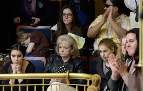 Francisco Kjolseth  |  The Salt Lake Tribune 
Gayle Ruzicka, center, conservative political activist and leader of the Utah Eagle Forum, shows her discontent as the Utah Senate passes the nondiscrimination religious liberties bill SB296 on Friday, March 6, 2015.