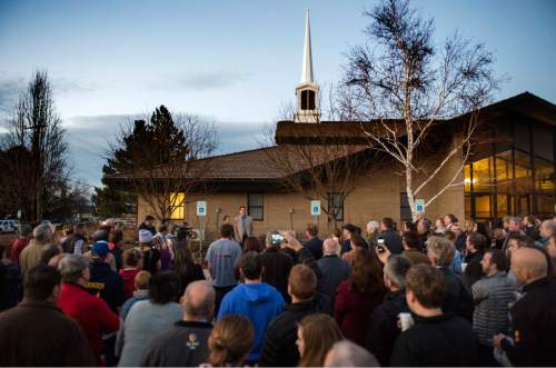 Rick Egan  |  The Salt Lake Tribune

John Dehlin speaks to a crowd of more than 200 people as they arrive at the North Logan LDS Stake Center for Dehlin's disciplinary council in North Logan, Sunday, February 8, 2015