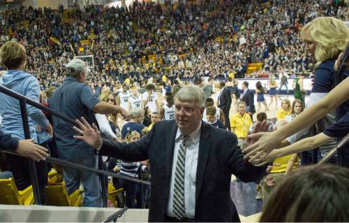 Rick Egan  |  The Salt Lake Tribune

Stew Morrill leaves the The Smith Spectrum Arena for the last time as head coach of Utah State University, after the Aggies lost a close one to Colorado State, in Logan, Saturday, March 7, 2015
