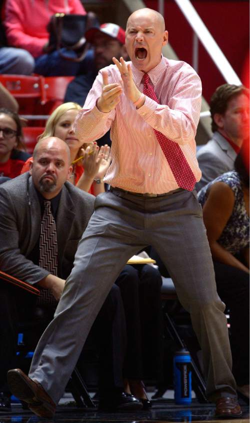 Leah Hogsten  |  The Salt Lake Tribune
Utah head coach Anthony Levrets cheers on the team after they cut BYU's lead to two. The University of Utah lost to  Brigham Young University 60-56, Saturday, December 13, 2014 at the Jon M. Huntsman Center.