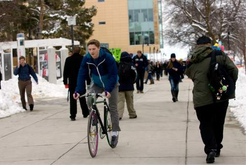 Kim Raff  |  The Salt Lake Tribune
Utah State University students walk to classes on campus in Logan on February 25, 2013. Utah State University is stepping up recruitment of out-of-state students to make up for lower enrollment numbers after the lowering of the missionary age.