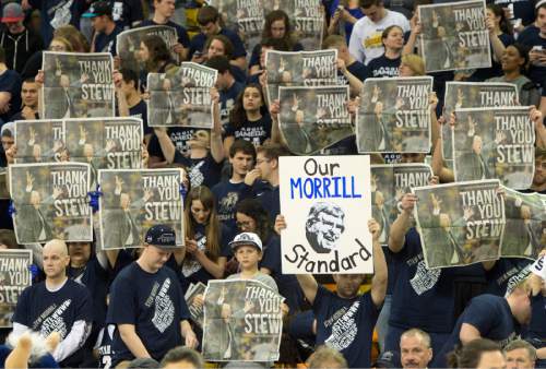 Rick Egan  |  The Salt Lake Tribune

USU students hold up papers recognizing Stew Morrill's last home game as head coach, before the USU Colorado State basketball game in Logan, Saturday, March 7, 2015